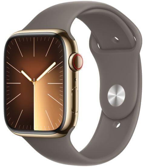 Apple Watch Series 9, Cellular, 45mm, Gold Stainless Steel, Clay Sport Band - S/M (MRMR3QC/A)