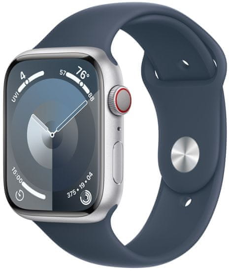 Apple Watch Series 9, Cellular, 45mm, Silver, Storm Blue Sport Band - S/M (MRMG3QC/A)