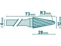 Extol Industrial Fréza karbidová, kónická 14° zaguľatená, pr.12x28mm/stopka 6mm,sek stredná (double-cut)