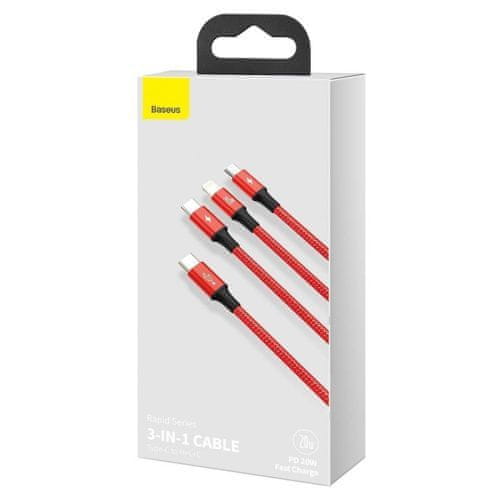 BASEUS Type-C Rapid 3-in-1 Cable for Micro + Lightning + Type-C PD 20W 1.5m Red (CAMLT-SC09)