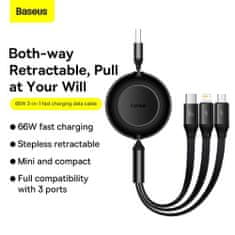 BASEUS Universal 3-in-1 Bright Mirror 2 cable retractable, USB to Micro USB / Lightning / USB Type-C, 66W 1.1m čierna (CAMJ010101)