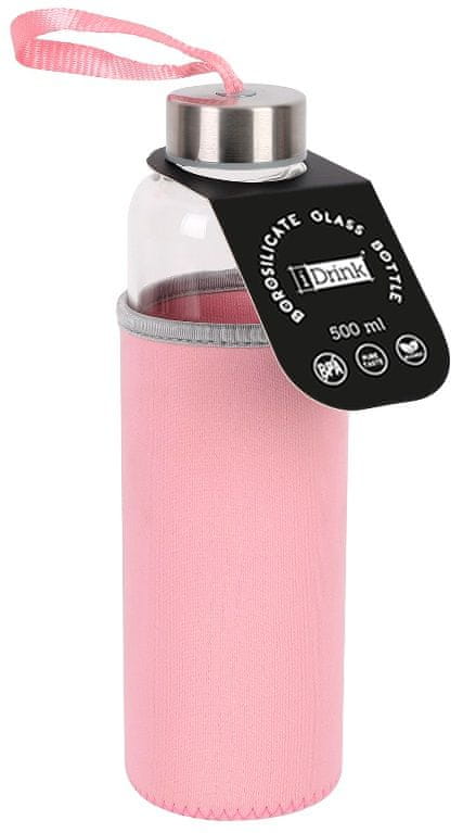 iDrink Borosilikátová sklenená fľaša ružová 500 ml