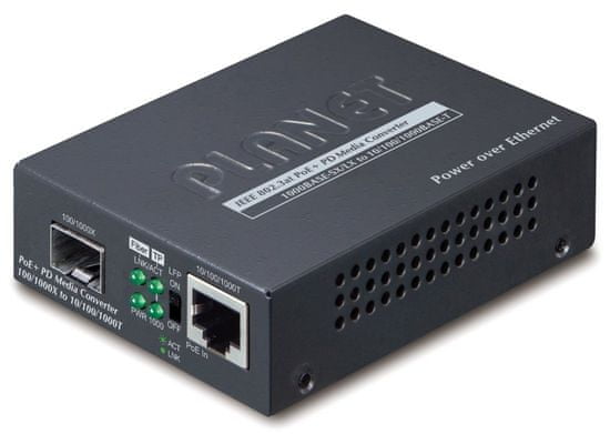 Planet GT-805A-PD konvertor 10/100/1000Base-T / miniGBIC SFP/ napájaný z PoE 802.3af/at/bt