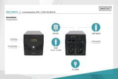 Digitus Professional Line-Interactive UPS, 1000VA / 600W 12V / 7Ah x2 batéria, 4x CEE 7/7, AVR, USB, RS232, RJ11 / RJ45, LCD displej