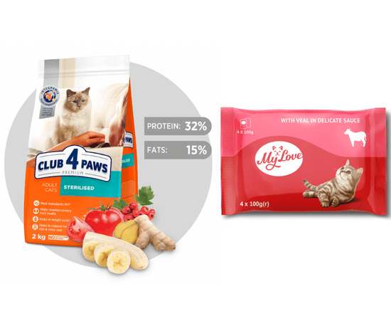 Club4Paws Premium pre kastrované mačky 2 kg + kapsičky pre mačky My love set s telacim mäsom