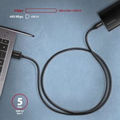AXAGON BUCM3-AM15AB, SPEED kábel USB-C <-> USB-A, 1.5m, USB 3.2 Gen 1, 3A, ALU, oplet, čierny