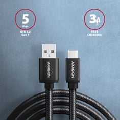 AXAGON BUCM3-AM15AB, SPEED kábel USB-C <-> USB-A, 1.5m, USB 3.2 Gen 1, 3A, ALU, oplet, čierny