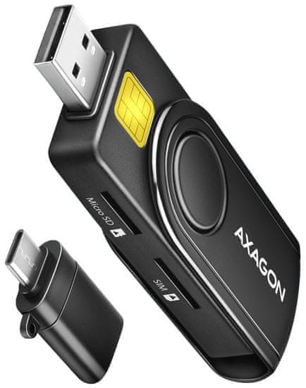 AXAGON vrecková čítačka kontaktných smart kariet USB-C (eObčanka) / SD, MicroSD, SmartCard, SIM / CRE-SMP2A / USB 2.0