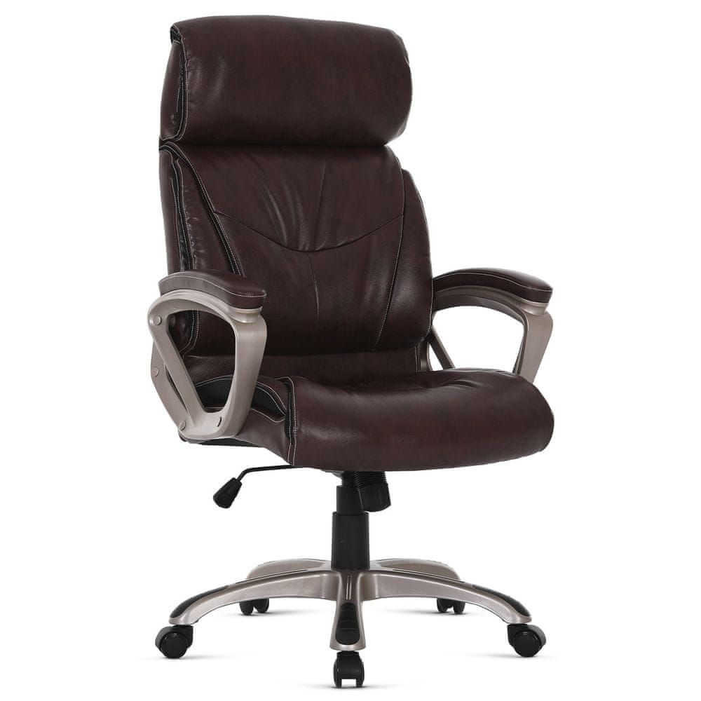 Autronic Kancelárska stolička, tmavo hnedá koženka, plast vo farbe champagne, kolieska pre tvrdé podlahy