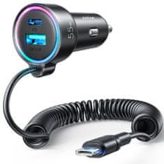 Joyroom Car Charger 3-in-1, C+U with Type-C Coiled Cable 1.5m, 55W, čierna (JR-CL07)