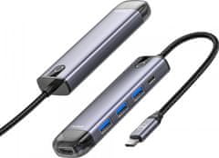 Mcdodo HUB 5v1 (1x HDMI; 3x USB-A 3.0; 1x USB-C PD 100W), šedá