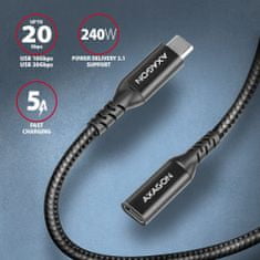 AXAGON kábel prodlužovací USB-C(M) - USB-C(F), USB 20Gbps, PD 240W 5A, 8K HD, ALU, oplet,