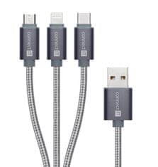 Connect IT Wirez 3in1 USB-C & Micro USB & Lightning, strieborný, 1,2 m