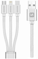 SWISSTEN Dátový kábel 3in1 MFi, 1,2 m, textilný, (micro USB, USB-C, Lightning) strieborný