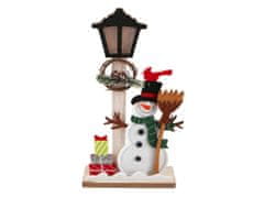 LED dekorácia drevo 145x315mm snehuliak s darčekmi u lampy na postavenie, farebná