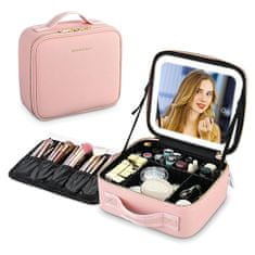 Kozmetický kufor s oddeleniami, zrkadlo s LED pásikmi a nastaviteľným teplom svetla - Makeupbox, ružová