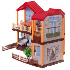 WOWO Vila pre bábiky s červenou strechou, osvetlením a nábytkom - výška 39,5 cm