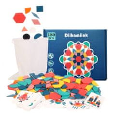 WOWO Drevené Montessori Puzzle, Farebné Mozaikové Tvary, 180 Dielikov