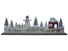 Dekorácia drevo, adv.kalendár450x150mm snehuliaci v pozadí krajina s domčekmi na postavenie, prírodná s glitrom, biela, šedá