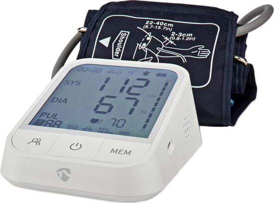 Nedis chytrý tlakoměr/ Rameno/ Bluetooth/ LCD displej/ detekce nepravidelného srdečního tepu/ detekce nošení manžety/ in