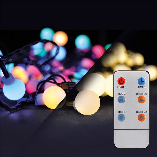 Solight Solight LED 2v1 vonkajšie vianočné reťaz, gule, diaľkový ovládač, 200LED, RGB plus biela, 20m plus 5m, 8 funkcií, IP44 1V09-RGB
