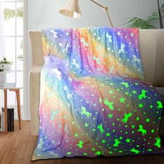 Magická deka, ktorá svieti v tme, s motívom hviezd a jednorožcov, mimoriadne mäkká a teplá, modrej farby, svietiaca deka je skvelý darčekový nápad, 150x100 cm, LuminousBlanket-samorogi