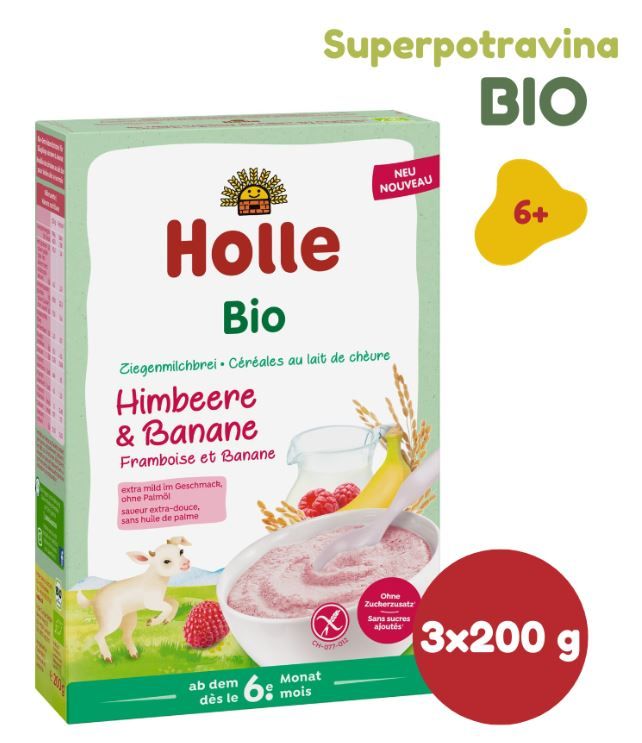 Holle Bio kaša s kozím mliekom, malinami a banánom 3 ks