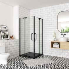 H K Sprchovací kút AIRLINE BLACK R908, 90×80 cm, s dvoma jednokrídlovými dverami s pevnou stenou, rohový vstup vrátane sprchovej vaničky z liateho mramoru