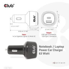 Club 3D Auto nabíjačka pre Notebooky 63W, 2 porty CAC-1922 (USB-A + USB-C)