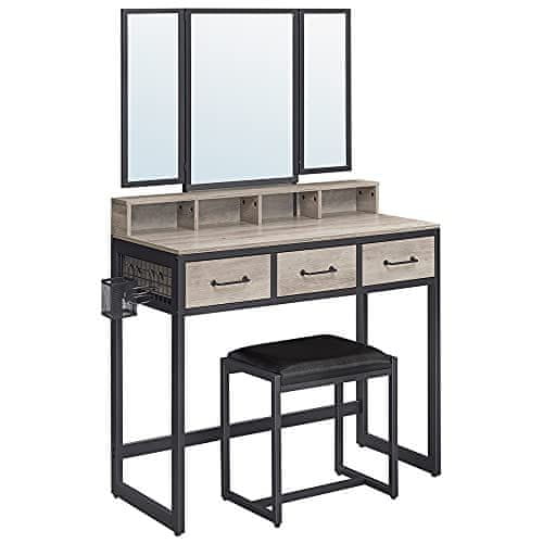 shumee RVT004B02 Toaletný stolík s polstrovanou stoličkou, trojité zrkadlo, 3 zásuvky, držiak na sušič vlasov, hrniec, industriálny štýl, sivá a čier