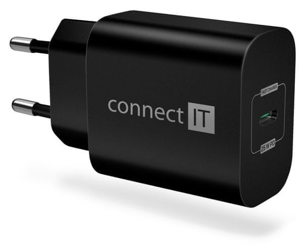 univerzálny adaptér cestovný USB CONNECT-IT Voyager2 nabíjací adaptér 1×USB-C, 25W PD, čierny CWC-2070-BK PowerDelivery mobilný telefón tablet