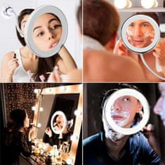 Netscroll Líčiace zrkadlo, zväčšovacie zrkadlo s LED svetlom a ohybným držiakom, pohyblivý krk pre ľahšiu inštaláciu, LED svetlo pre perfektné osvetlenie, 10x zväčšenie, BeautyMirror