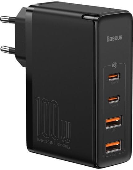 BASEUS rychlonabíjecí adaptér GaN2 Pro, 2x USB-C, 2x USB-A, 100W, čierna