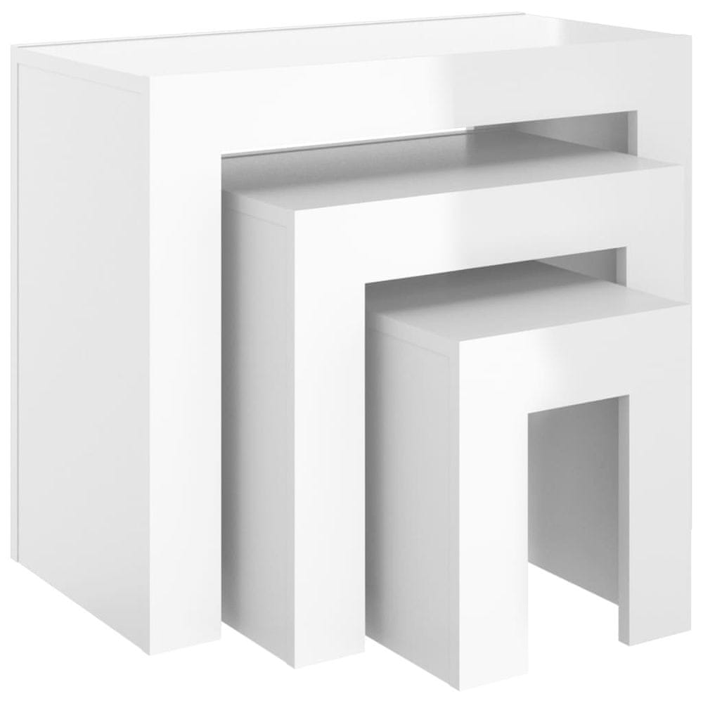 Vidaxl Zasúvacie konferenčné stolíky 3 ks lesklé biele drevotrieska