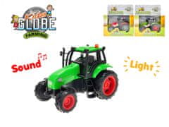 Kids Globe Traktor kov 11 cm na zotrvačník na batérie so svetlom a zvukom (červená, zelená, svetlo zelená)