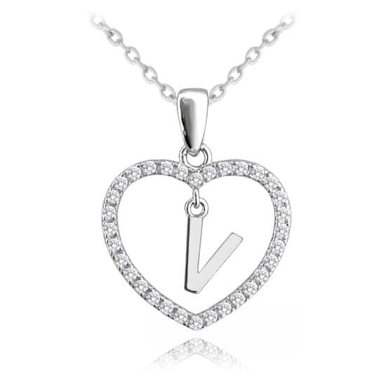 MINET Strieborný náhrdelník písmeno v srdci "V" so zirkónmi JMAS900VSN45