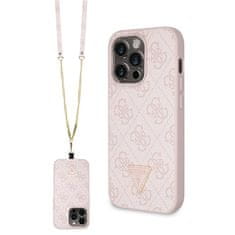 Guess Kryt na mobil 4G Strass Triangle Metal Logo + Crossbody Popruh na Apple iPhone 15 Pro - růžový