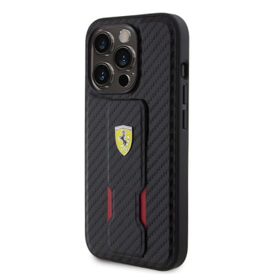 Ferrari Zadný kryt Carbon Grip Stand pre iPhone 15 Pro Black