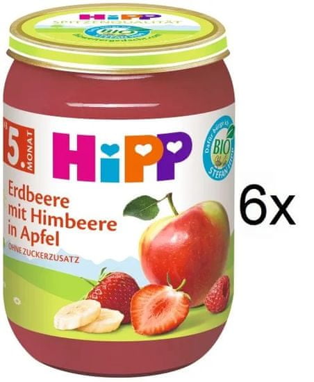 HiPP BIO Jablká s jahodami a malinami - 6 x 190 g