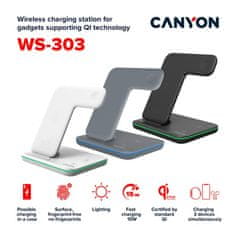 Canyon Bezdrôtová nabíjačka WS-303DG, 3v1, vstup 9V/2A, 12V/2A, výstup 15/10/7.5/5W, USB-C > USB-A, vr. AC adaptéra,sivá