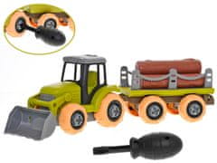 Mikro Trading Traktor 28 cm so skrutkou s voľným chodom, prívesom a polenami v krabici