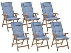 Beliani Sada 6 záhradných skladacích stoličiek z tmavého akáciového dreva s modrými vankúšmi AMANTEA