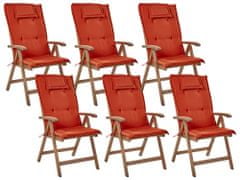 Beliani Sada 6 záhradných skladacích stoličiek z tmavého akáciového dreva s červenými vankúšmi AMANTEA