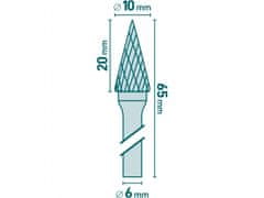 Extol Industrial Fréza karbidová, kónická-ihlan, pr.10x20mm/stopka 6mm,sek stredná (double-cut)