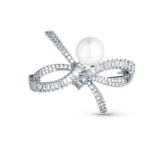 JwL Luxury Pearls Blyštivá dámska brošňa Mašle s pravou perlou a kryštálmi JL0842