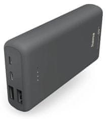 HAMA powerbanka Supreme 20HD, 20000 mAh, 3 A, 3 výstupy: 1x USB-C, 2x USB-A, vstup micro USB/USB-C, sivá