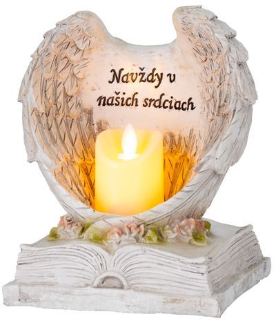 Strend Pro Dekorácia MagicHome, Anjelské krídla na knihe so sviečkou, 1xLED, polyresin, na hrob, 18x13,5x20 cm