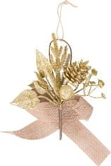 Strend Pro Vetvička MagicHome Vianoce, so šiškou a jutovou stuhou, zlatá, 17 cm