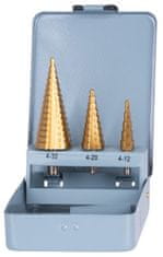 Strend Pro Sada stupňovitých vrtákov Strend Pro SS421, 4-12, 4-20, 4-32 mm, TiN, HSS 4241 rovný, do kovu