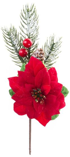 Strend Pro Vetvička MagicHome Vianoce, s kvetom poinsettia, červená, 22 cm